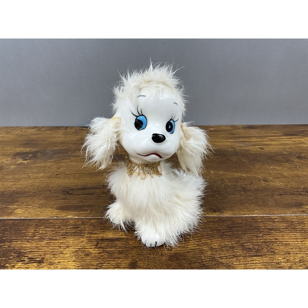 White Ceramic Poodle Dog Figurine Statue W/Soft Fur & Big Eyes Japan Vintage